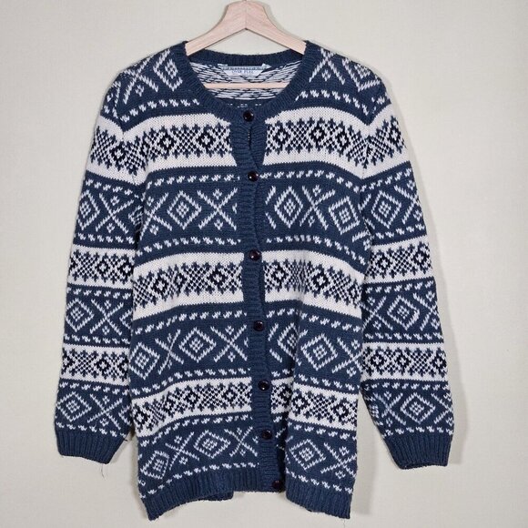 Over Pull Scandinavian Pattern Cardigan Womens L Blue White LS Cottage Lagenlook - Picture 1 of 14